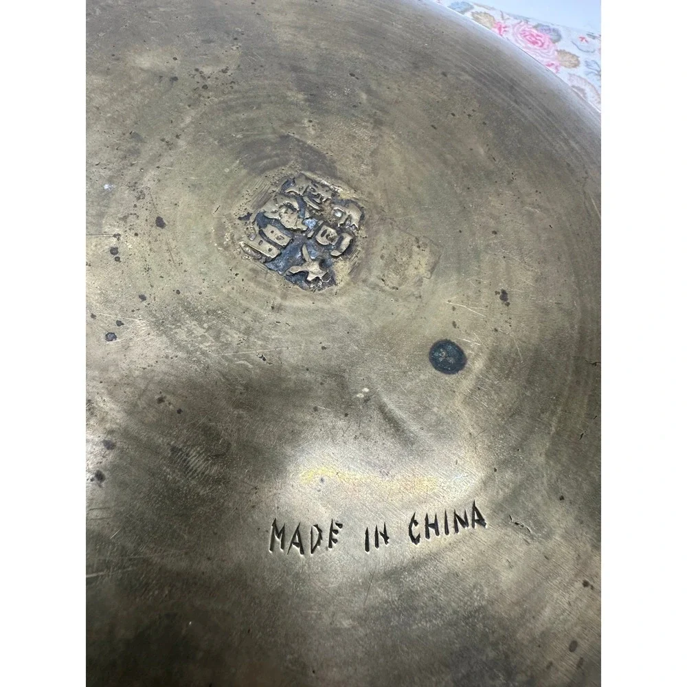 Vintage Chinese Brass Dragon Bowl Double Happiness Etched 13 Inch Round
